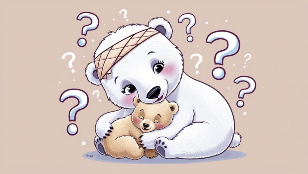 Mama polar bear snuggling her baby with question marks floating around her head