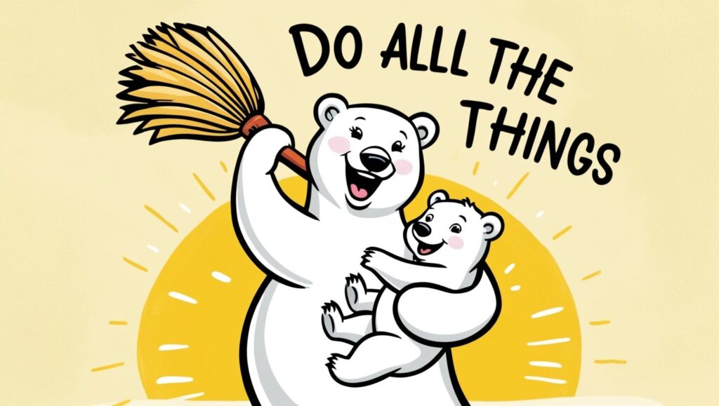 Enthusiastic mama polar bear holding up a broom in one paw and a baby polar bear in her other arm with the words “do alll the things!” written above.